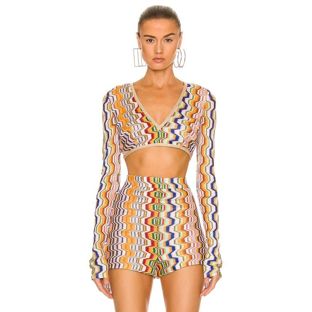 Alexis Sosa Top Multicolor Chevron Knit V-Neck Long Sleeve Crop Metallic Trim